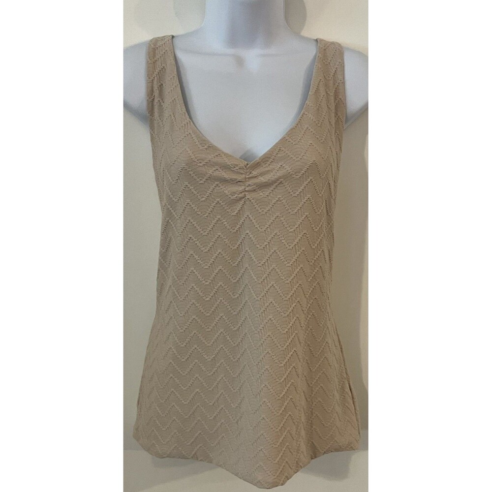 White House Black Market Beige Chevron Textured Knit V-Neck Tank Top Women L